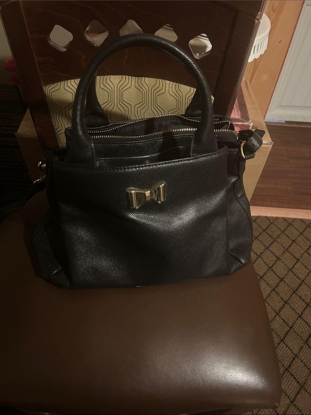Tahari Black Pebbled Satchel with Gold Bow Hardware